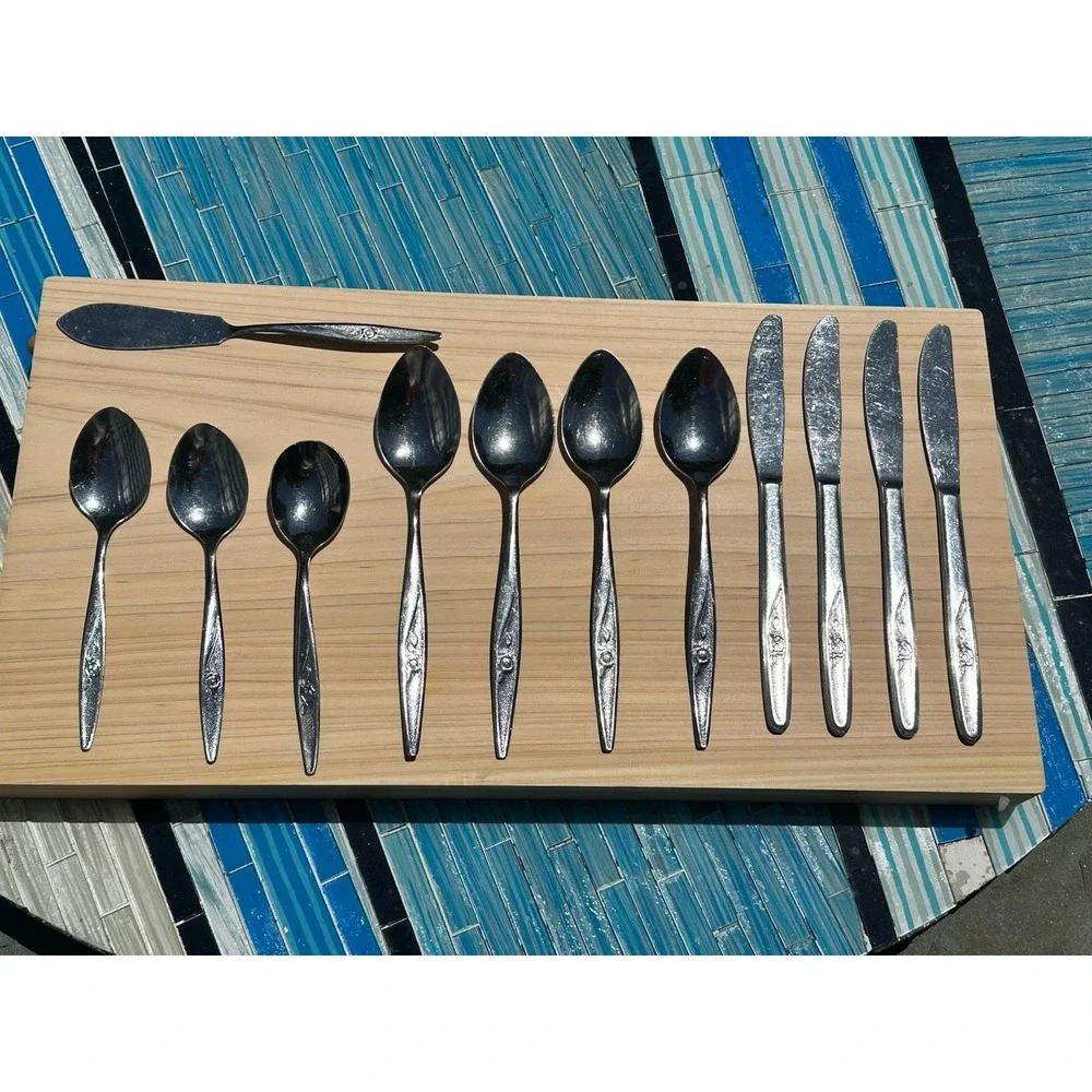 12 Pc  Lot Utica Satin Rose Knives, Spoons‎ Stainless Japan